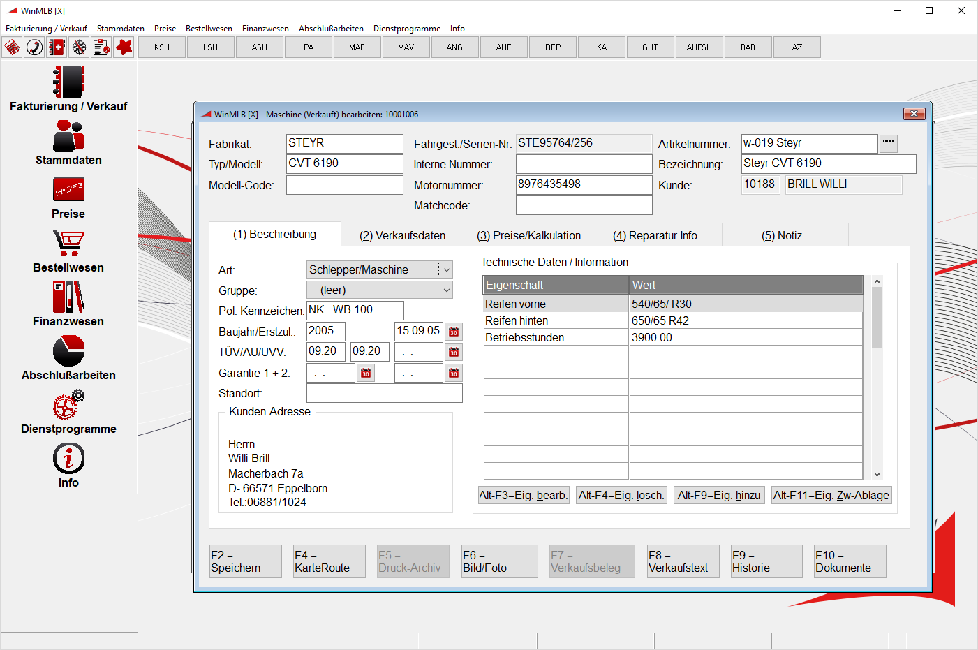Screenshot WinMLB Grundmodul Stammdaten Kundenmaschinen