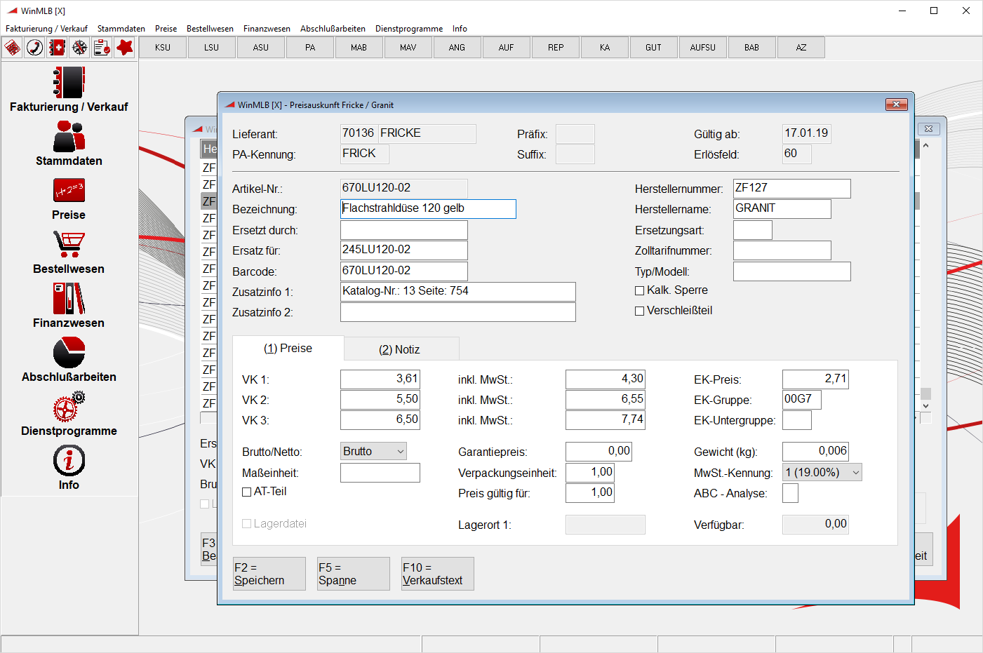 Screenshot WinMLB Grundmodul Preiskalkulation