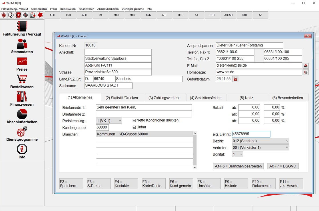 Screenshot WinMLB Grundmodul Stammdaten Kunden