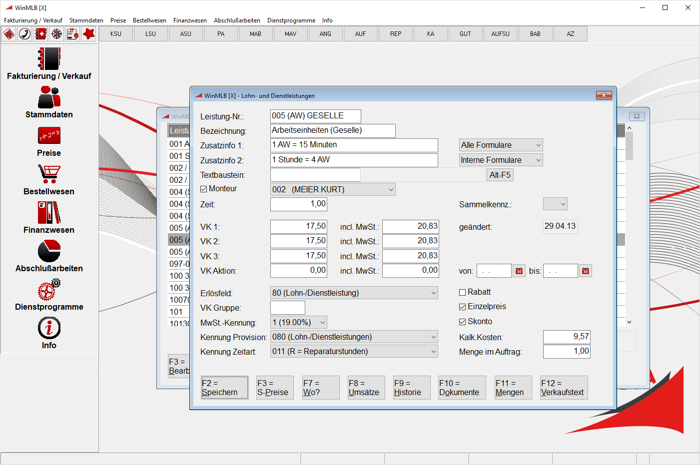 Screenshot WinMLB Grundmodul Stammdaten Lohn- /Dienstleistungen